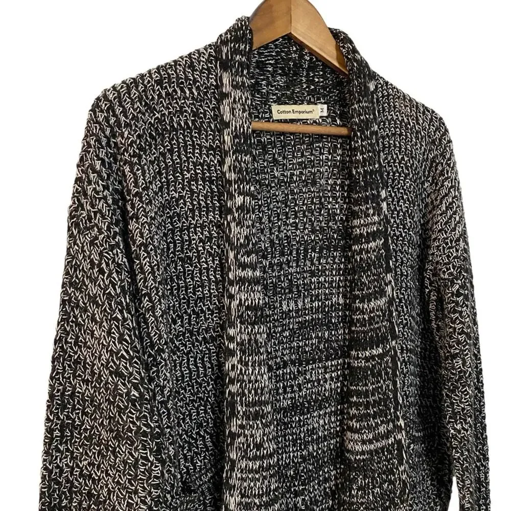 COTTON EMPORIUM Open Front Cardigan Sweater Black White Size Medium Cross Stitch